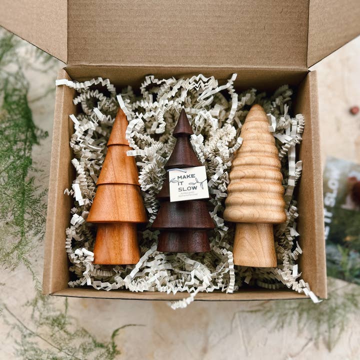 Make It Slow | Modern Woodworking the Old Fashioned Way - Wholesale Decorative Tabletop Object - Hand-turned Mini Woodland Forest Tree Set - Christmas Winter9