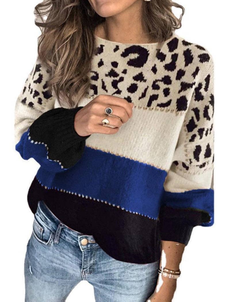 Masyal - Wholesale Knit Sweater - Women's - Leopard Print Colorblock Sweater with V-Neck7