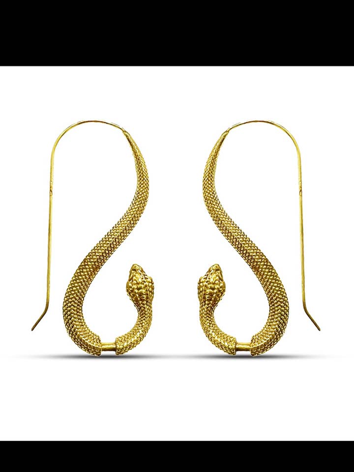 Brass Textured Hanging Snake Earrings for wholesale by The Curator