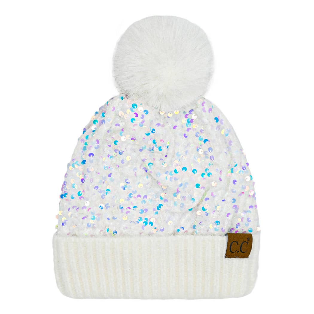 Fashion City - Wholesale Beanie - Women's - Glitter Sequined Cuff Beanie with Pom Pom2