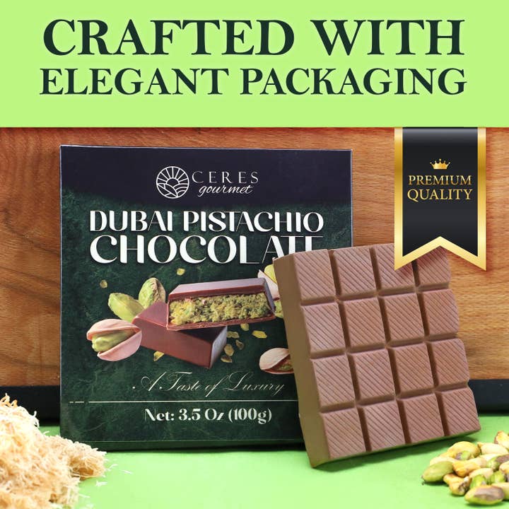 Ceres Gourmet - Wholesale Chocolate Bar - Dubai Chocolate Pistachio Bar 3.5oz (100g) 24 Pieces