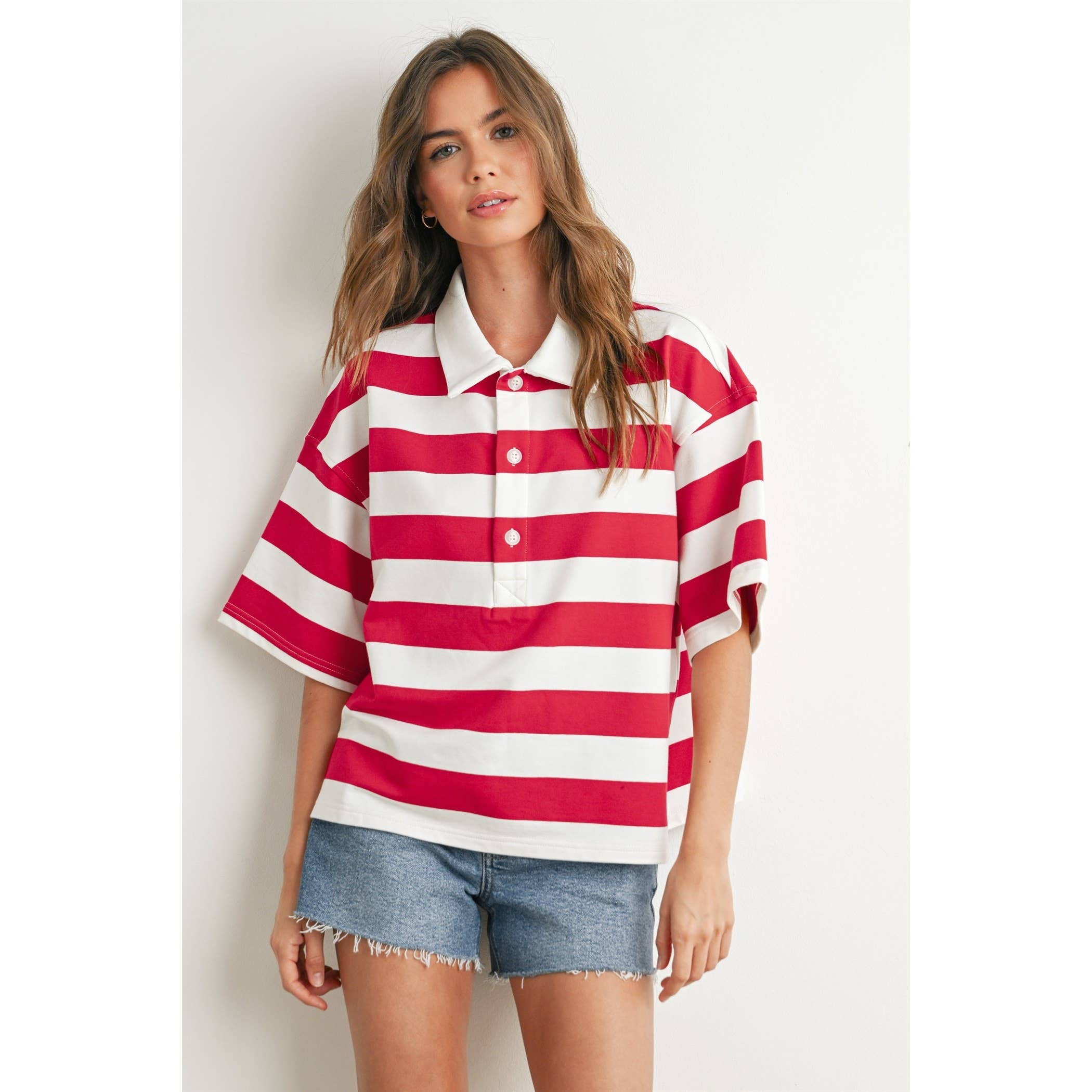 BUTTERMELON - Wholesale Polo - Women's - Striped Oversized Polo Shirt - BMT77106