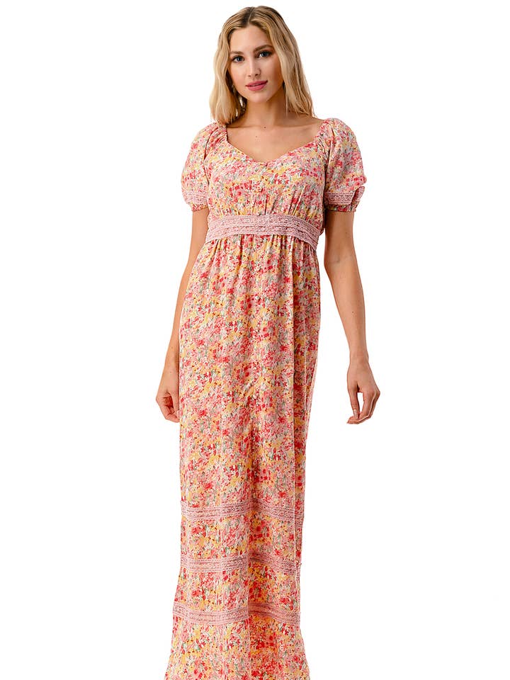 Vestido Comprido Floral com Mangas Bufantes, Decote em V e Acabamento por atacado de Woven Pink