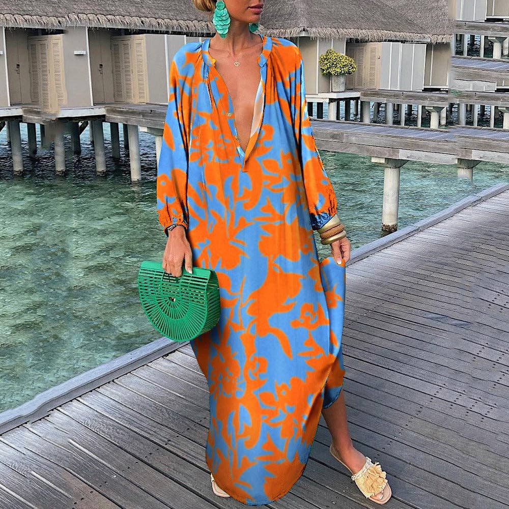 SALINA TRADING INC - Wholesale Dress - Women's - Women Bohemian Elegant Vintage Long Sleeve Button Loose Big V Neck Dress3