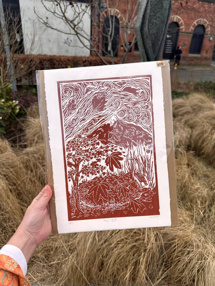 Original Linocut ‘Aki' Autumn Japan Inspired. for wholesale by LDMDesign