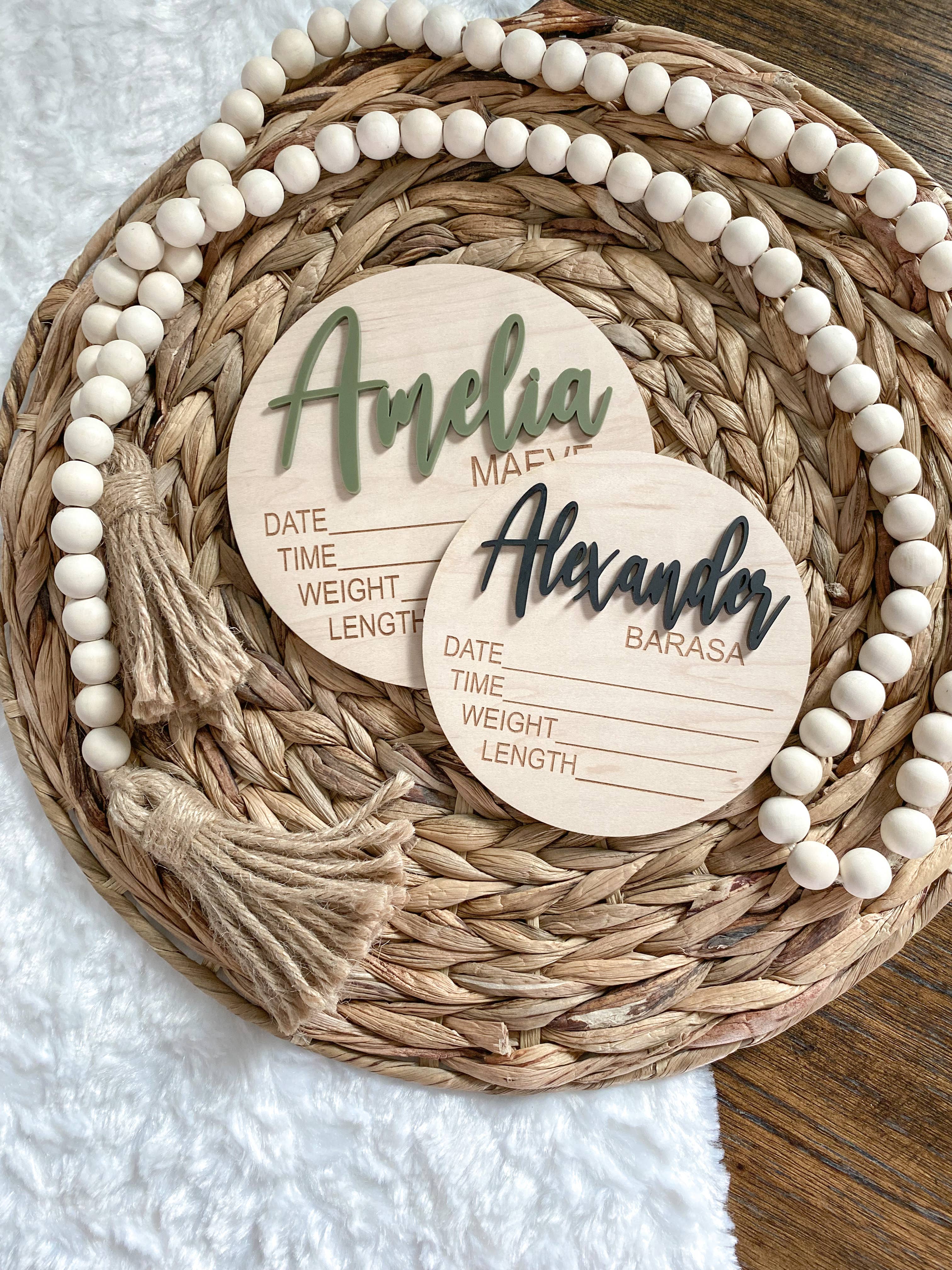 Claire and Bella - Wholesale Milestone Art/Keepsake - Kids & Baby - CUSTOM NAME Birth Stat Announcement Wood Disc - Layered 3D5
