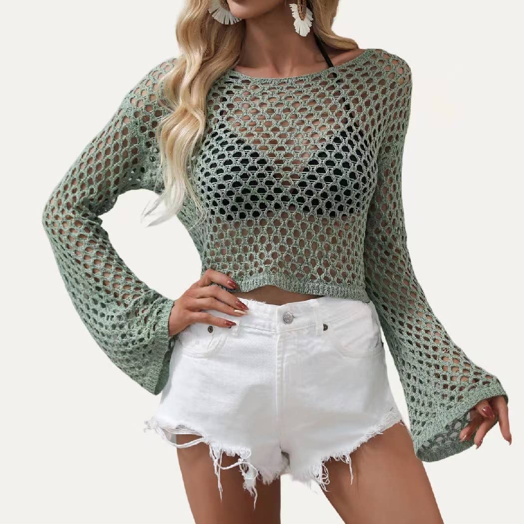 The Moment Collection - Vendita all'ingrosso Copricostume - Donna - Top da bagno trasparente con maniche a campana all'uncinetto Beach Time3