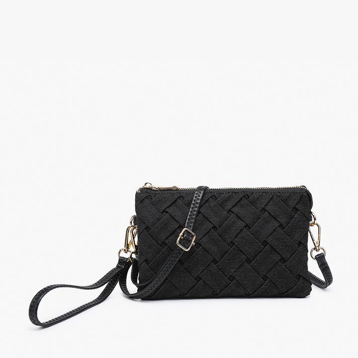 Black M013WDM Riley Woven Denim 3 Compartment Crossbody/Wristlet for wholesale on Faire
