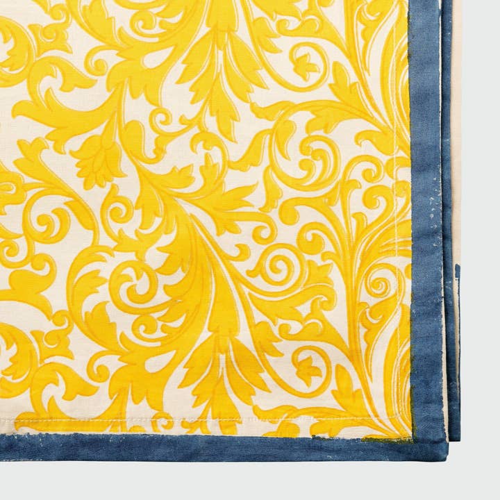 Damask print tablecloth, yellow for wholesale by Joanna Buchanan