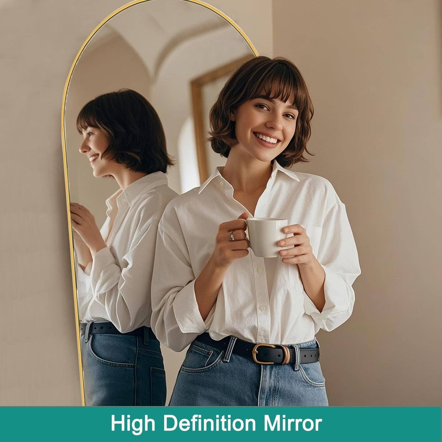 57 Inch Arched Floor Mirror With Stand Gold Aluminum Frame for wholesale on Faire4