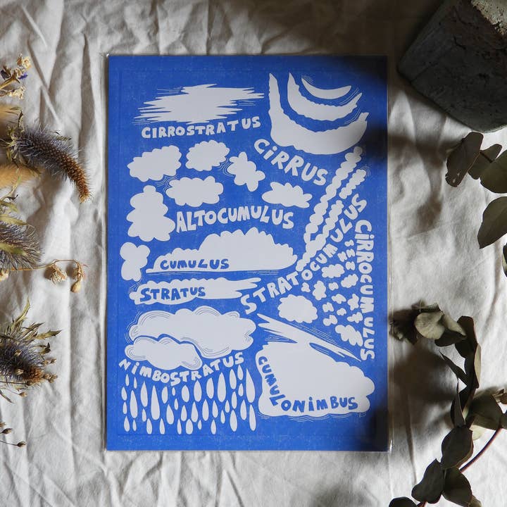Rebecca Joy Ltd - Wholesale Art Print - 'Clouds' Blue & White Sky | Nature | Risograph Style Print