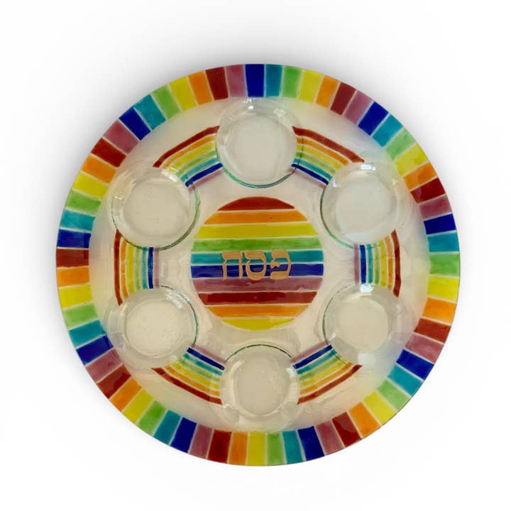Rainbow Seder Plate - Handmade Fused Glass - Judaica for wholesale by Calypso Chile