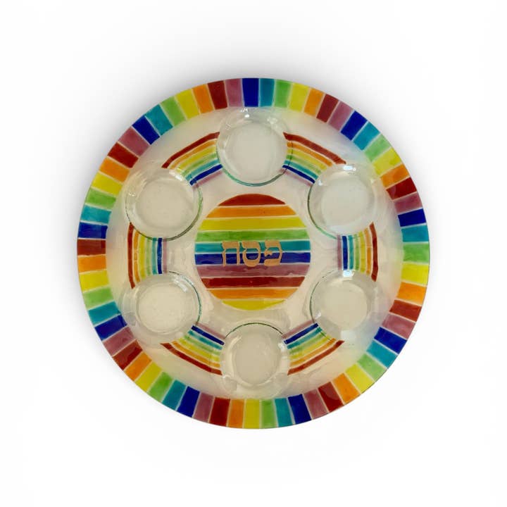 Rainbow Seder Plate - Handmade Fused Glass - Judaica for wholesale by Calypso Chile