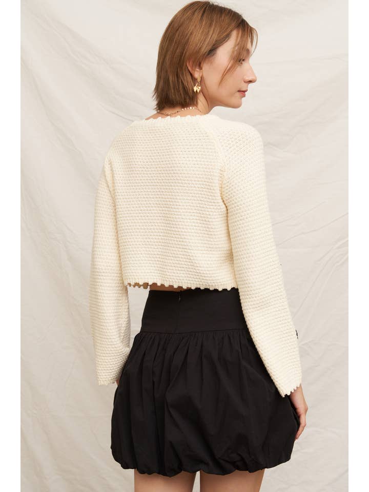 Cream Black Cropped Floral Pattern Knit Sweater  for wholesale on Faire4