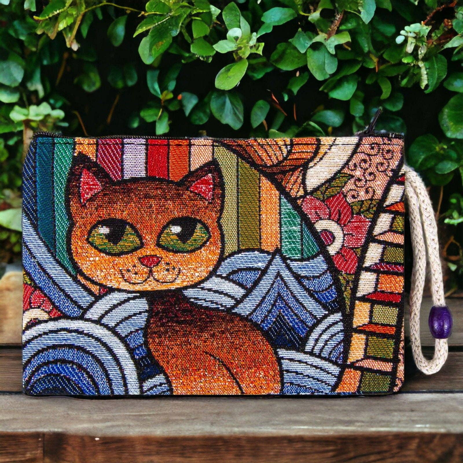 Guzel Handcrafts - Vendita all'ingrosso Pochette - Donna - Pochette con cerniera in autentico tessuto Kilim colorato e moderno con design artistico a forma di gatto, tappeto turco, marsupio, portamonete, portafogli, piccolo portaoggetti per la mamma del gatto1