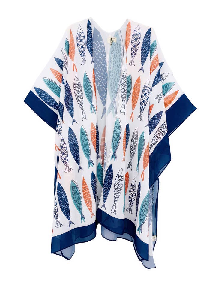 JC Sunny Fashion – wholesale Kimono - Dam – JC071025 Marinblå-Multi Fisk Kimono