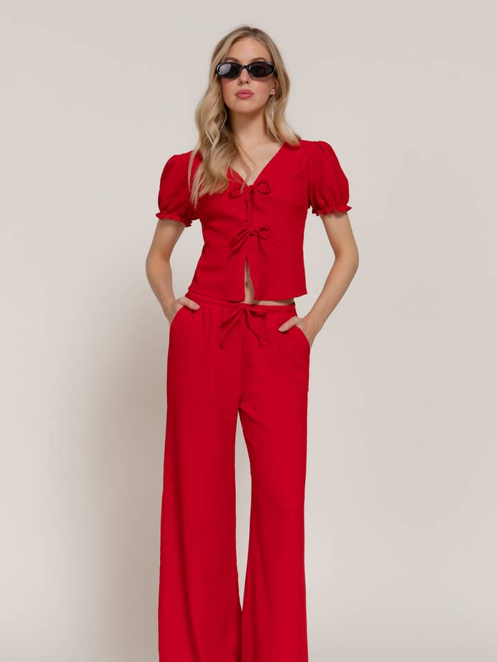 Conjunto de Top con Lazo y Pantalones de Punto Texturizado de Manga Corta y Cuello en V para venta al por mayor de Active Basic | Active USA