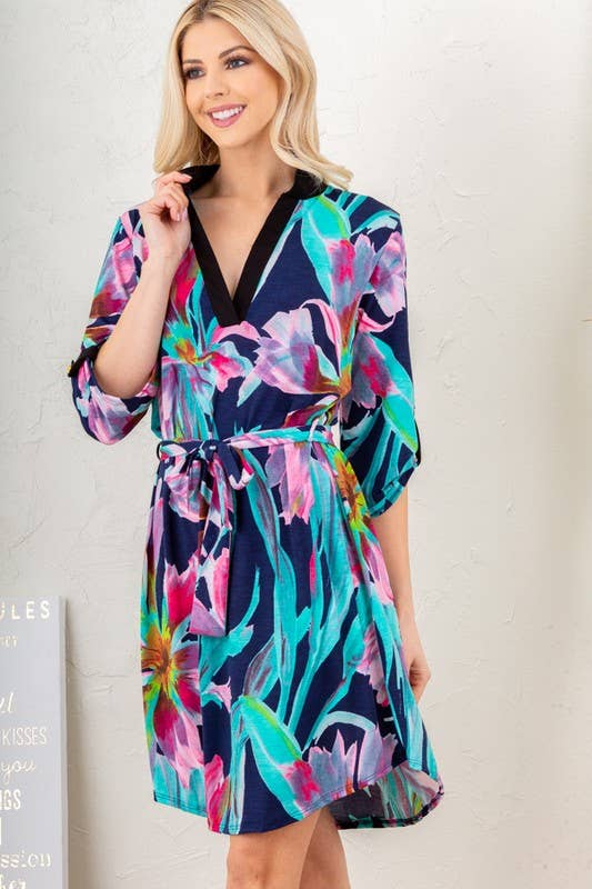 MARINBLÅ ED6111-11 MANDARIN KRAGE FLERFÄRGAD BLOMMIG KLÄNNING för wholesale på Faire8