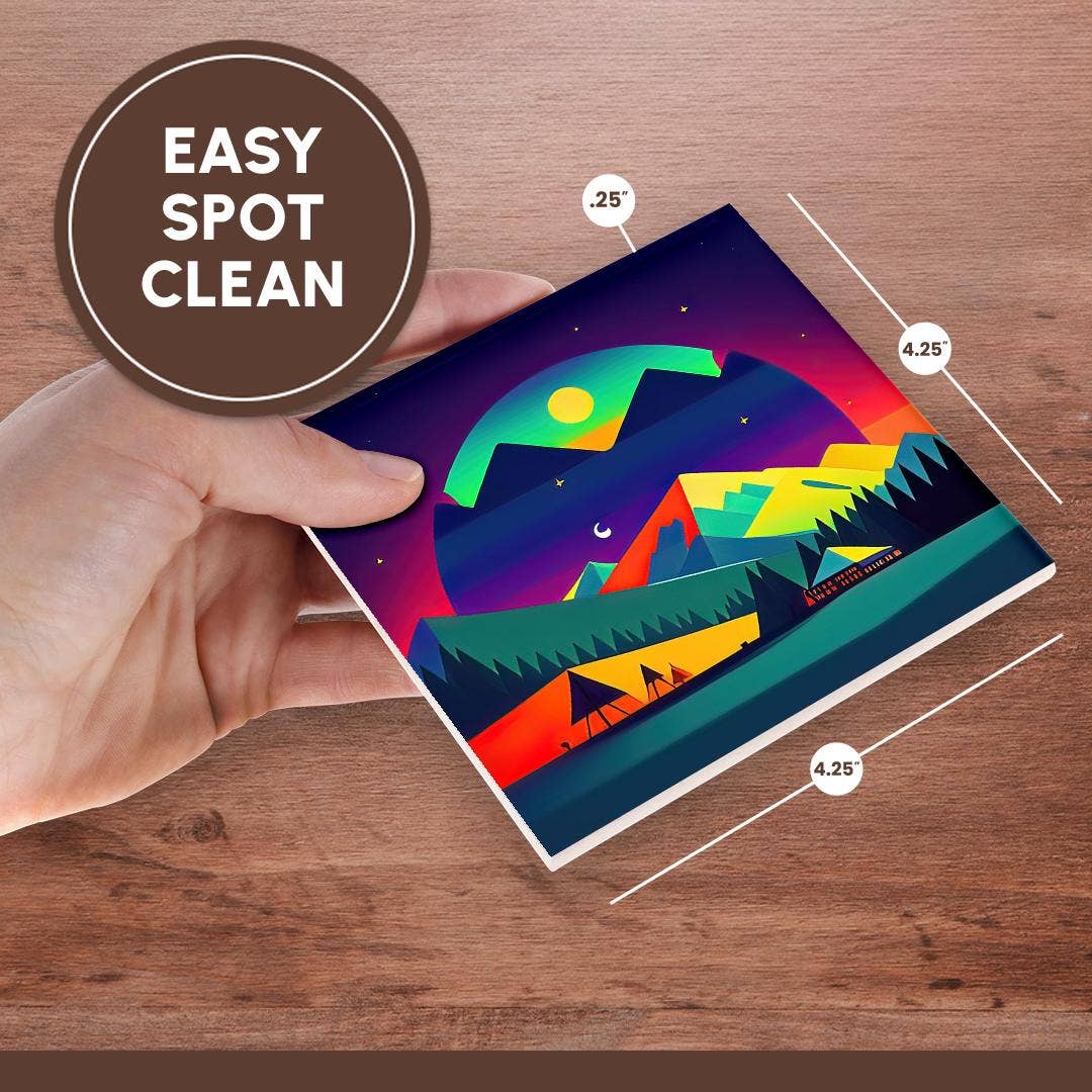 3dRose - Vente Sous-verre - 3dRose, Paysage fantastique décoratif de tentes, montagnes. Cadeau pour campeur heureux, Dessous de verre6