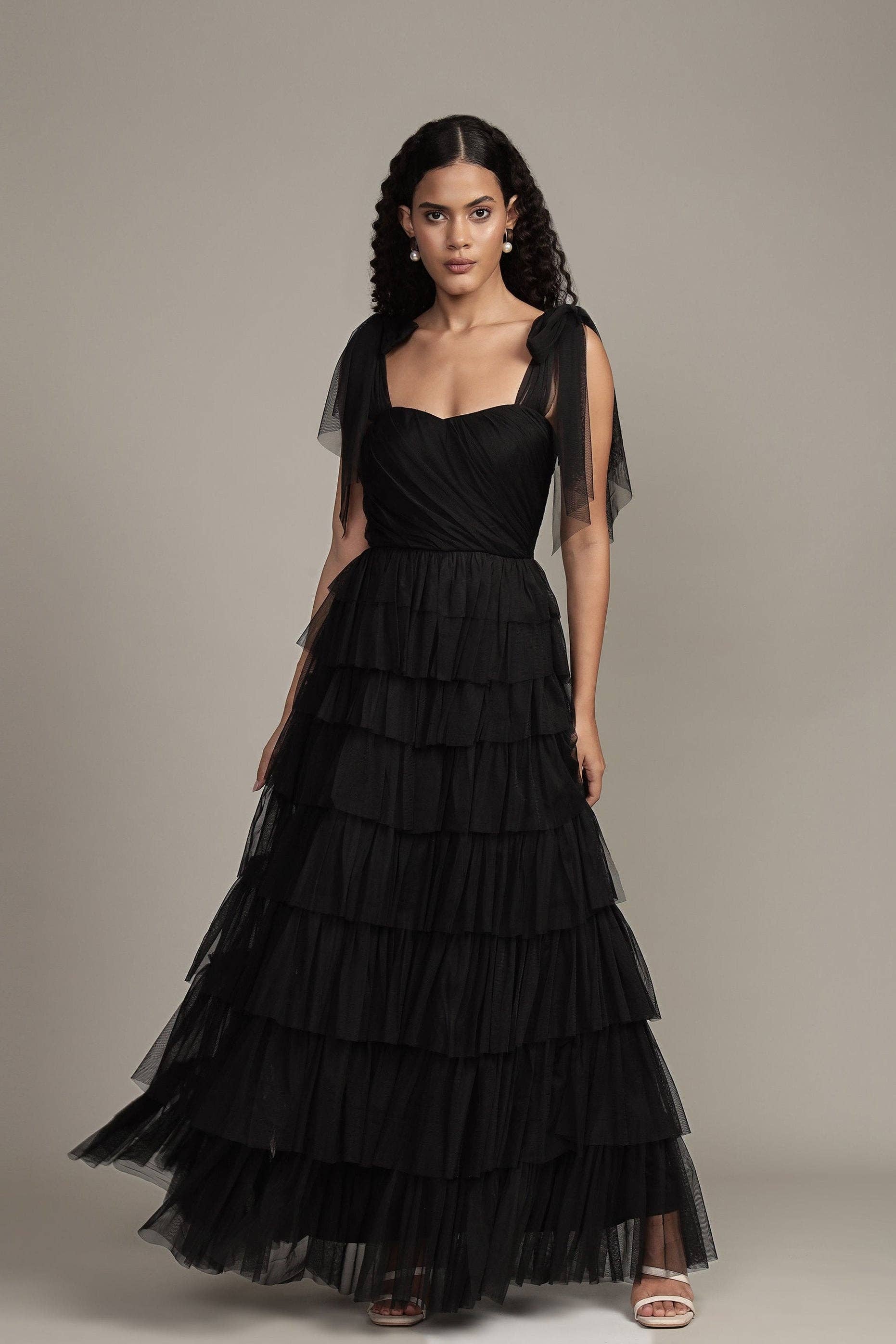 Ophelia Tulle Maxi Dress with Tie Detail in Black for wholesale on Faire0