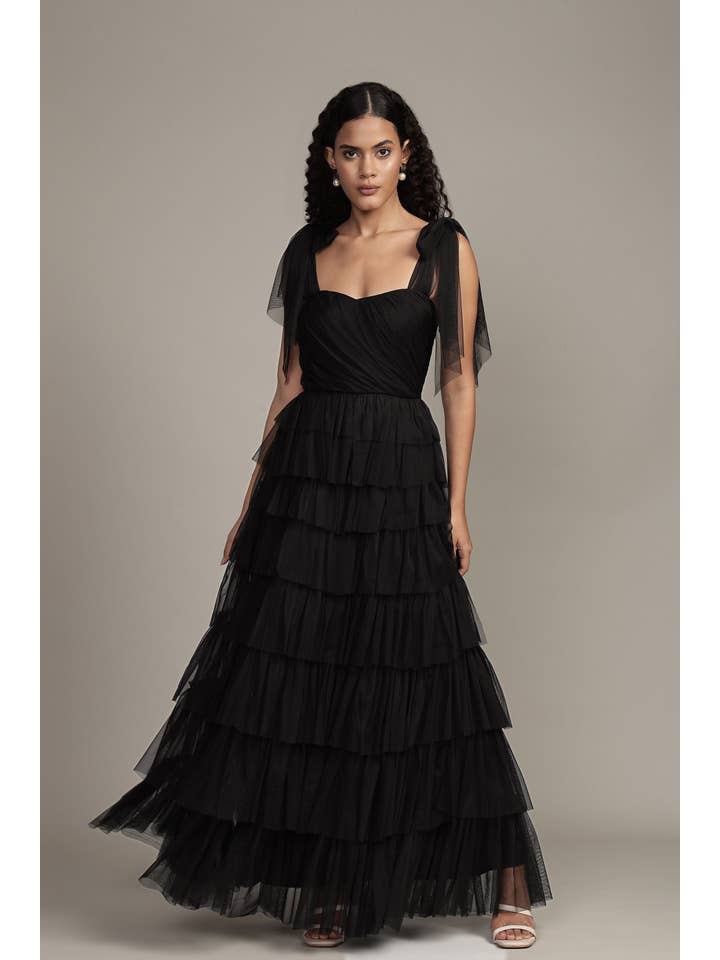 Ophelia Tulle Maxi Dress with Tie Detail in Black for wholesale on Faire