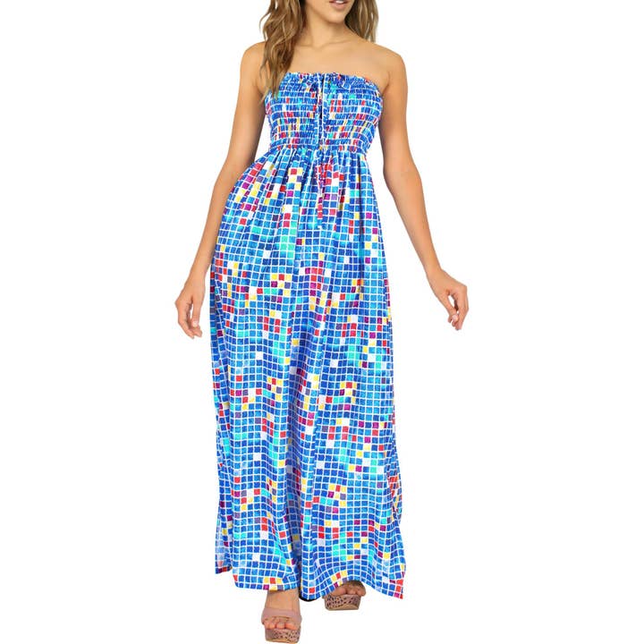 La Leela Long Blue Strapless Checkers Maxi Dress For Women for wholesale on Faire