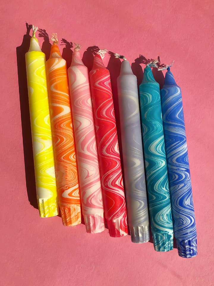 Rainbow marble taper candles | handmade, vegan stearin for wholesale by Galleria Lucia