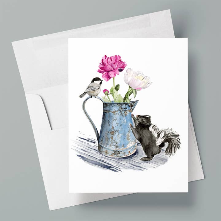 Black Capped Chickadee on Watering Can | Blank Greeting Card for wholesale by Kasey Melissa Art