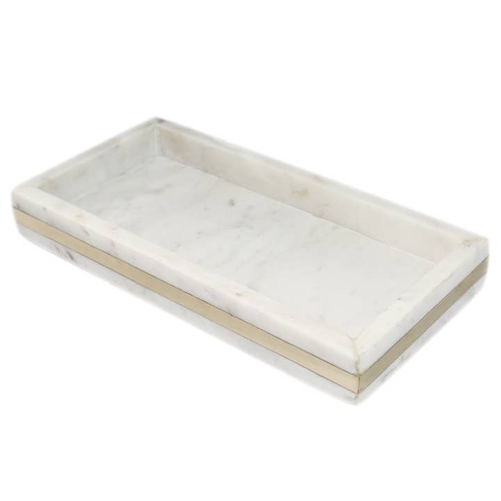 Sm. White Marble Tank Tray w/ Brass Inlay 12"x6" for wholesale on Faire