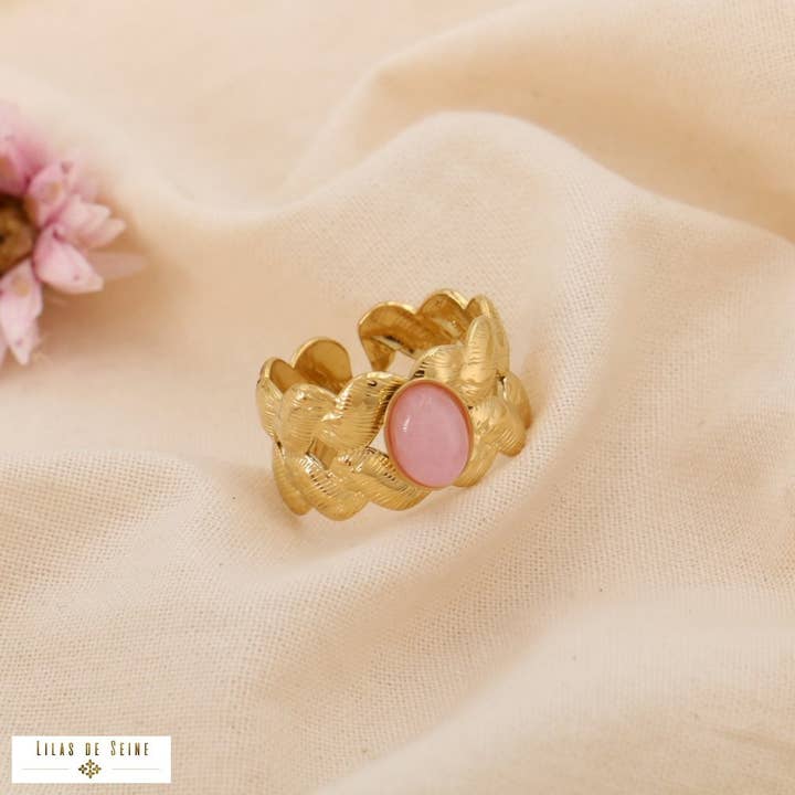 Lilas de Seine - Wholesale Multi-Stone Ring - Adjustable steel ring with chevron mother-of-pearl stone cabochons 04250344