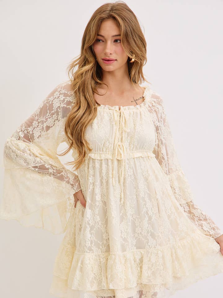 VANILLA RUFFLE LAYERED BELL SLEEVE LACE DRESS for wholesale on Faire