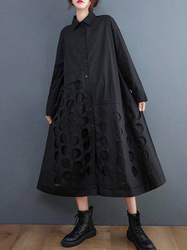 StyleGalX - Vente Robe – femme - Robe midi à manches longues, coupe évasée, col à revers, asymétrique avec pois ajourés unis13