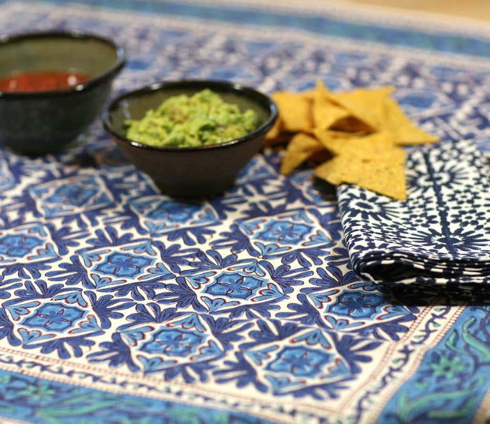 Mehera Shaw - Wholesale Tablecloth - Tablecloth Block Printed Organic Cotton - Navy Lotus2