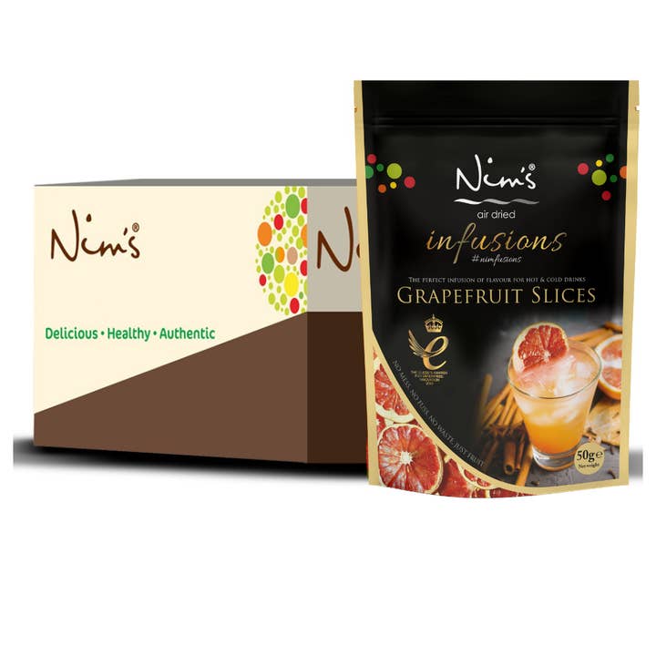 Nim’s Air Dried Grapefruit Cocktail Drink Garnish Slices - Multipack Box of 12X50g for wholesale by Nims Fruit Crisps