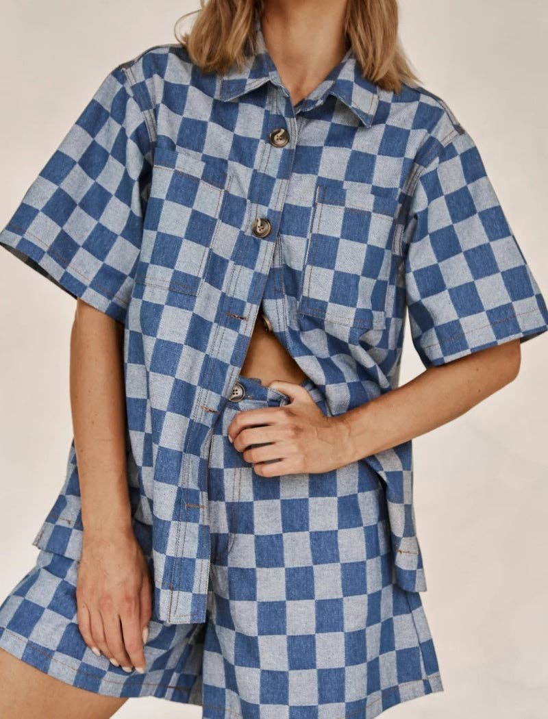 BLUE Checked Shirt and Shorts Co-Ord Set for wholesale on Faire0