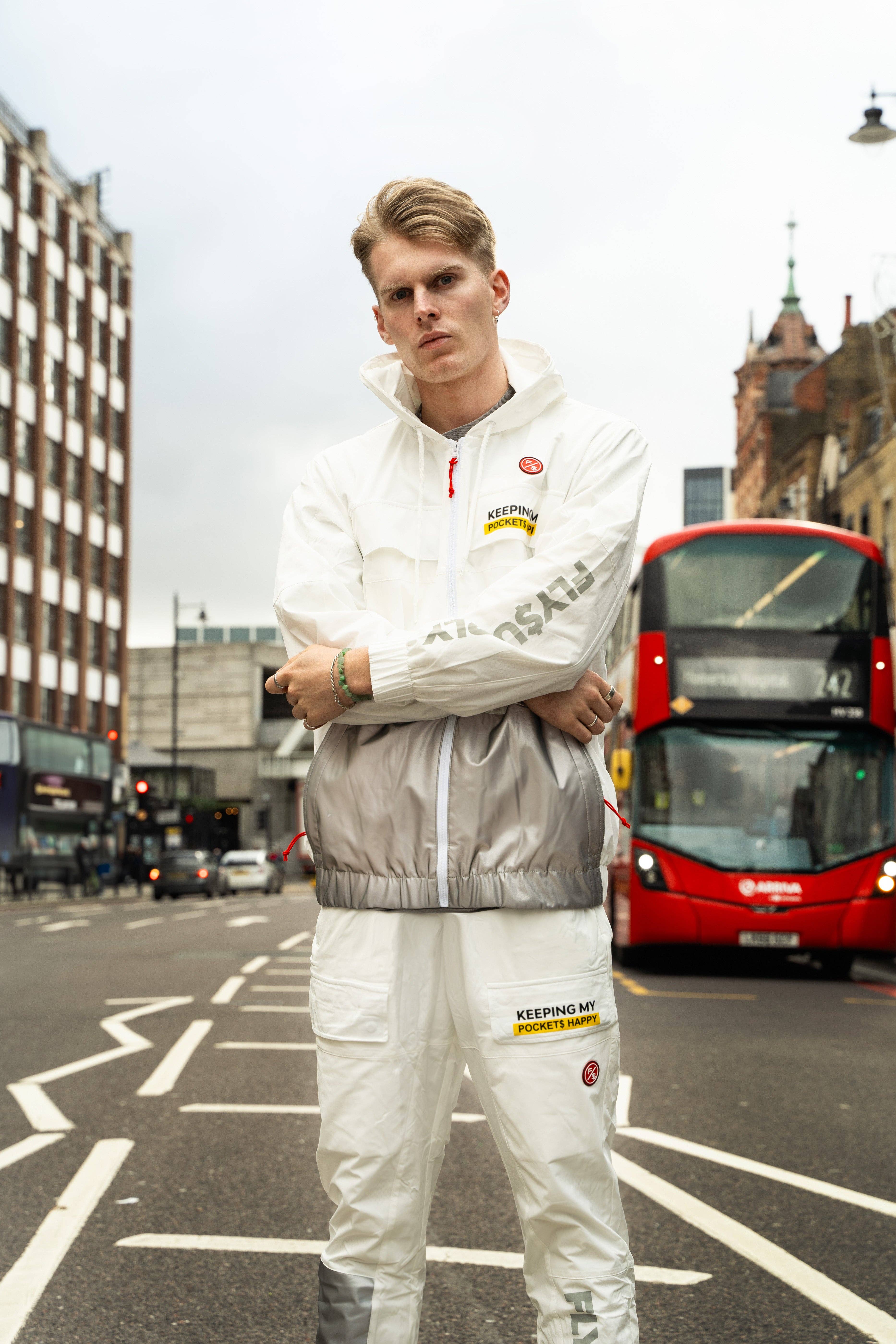 White Happy Pockets Windbreaker Zip-Up Jacket (White) for wholesale on Faire20