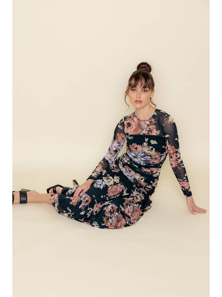 BLACK MULTI FLORAL MESH SIDE SEAM GATHERED MAXI DRESS-DC8836FO for wholesale on Faire