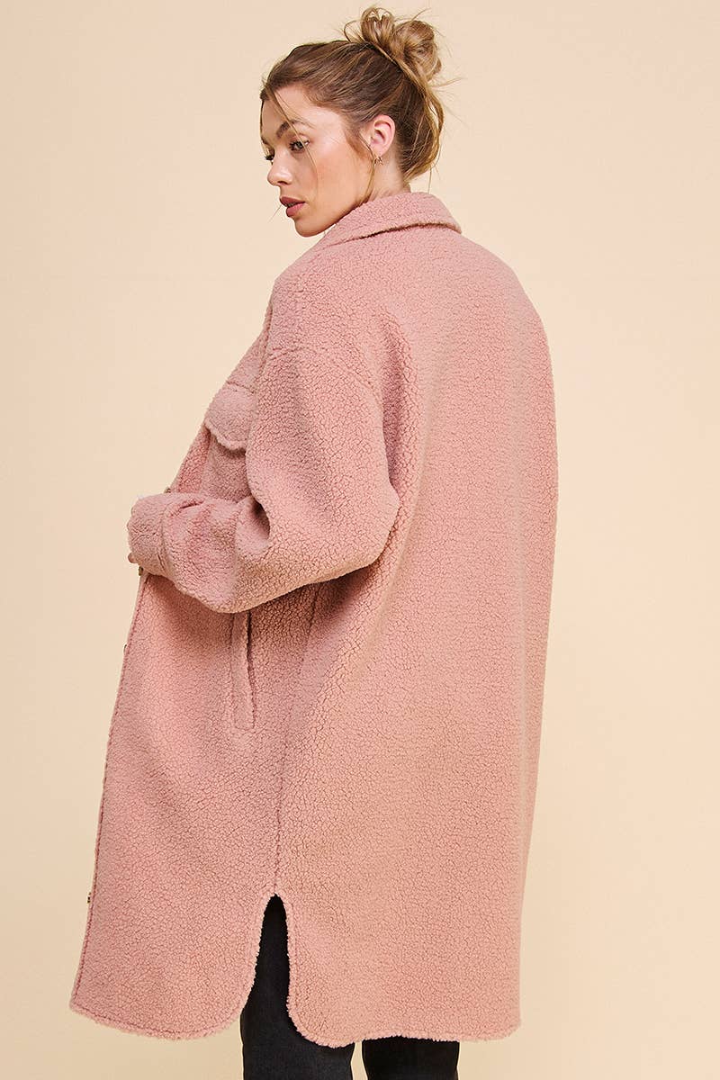 Dusty Rose Long Sherpa Shacket with Pockets for wholesale on Faire16