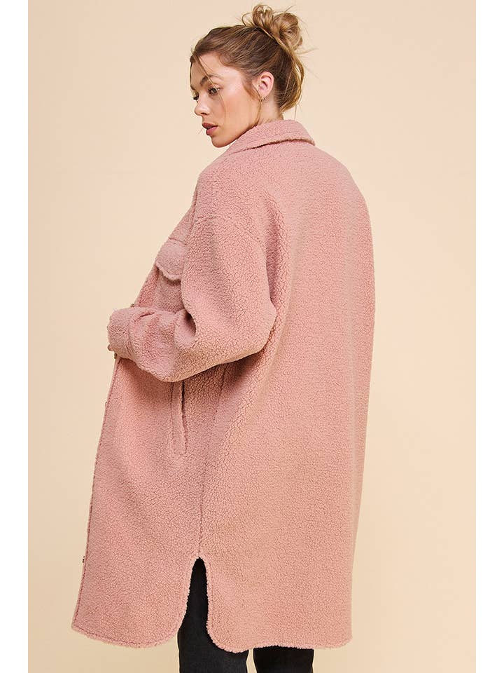 Dusty Rose Long Sherpa Shacket with Pockets for wholesale on Faire16