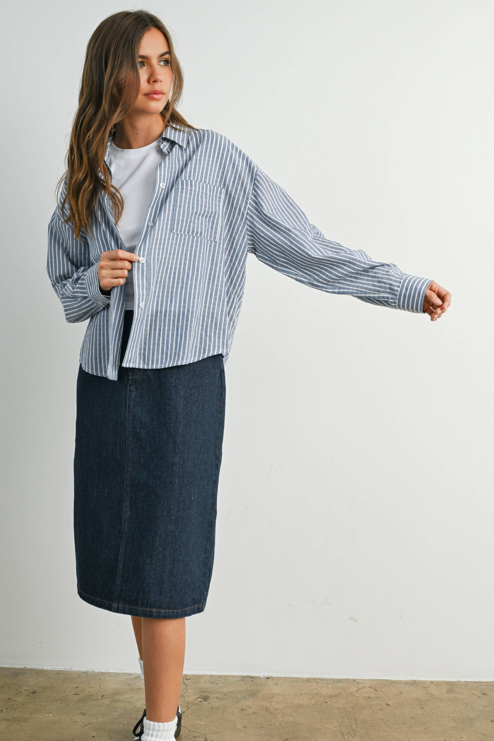 BUTTERMELON - Vente Chemise à col boutonné – femme - Haut à manches longues à rayures et col boutonné raccourci - BMT791536