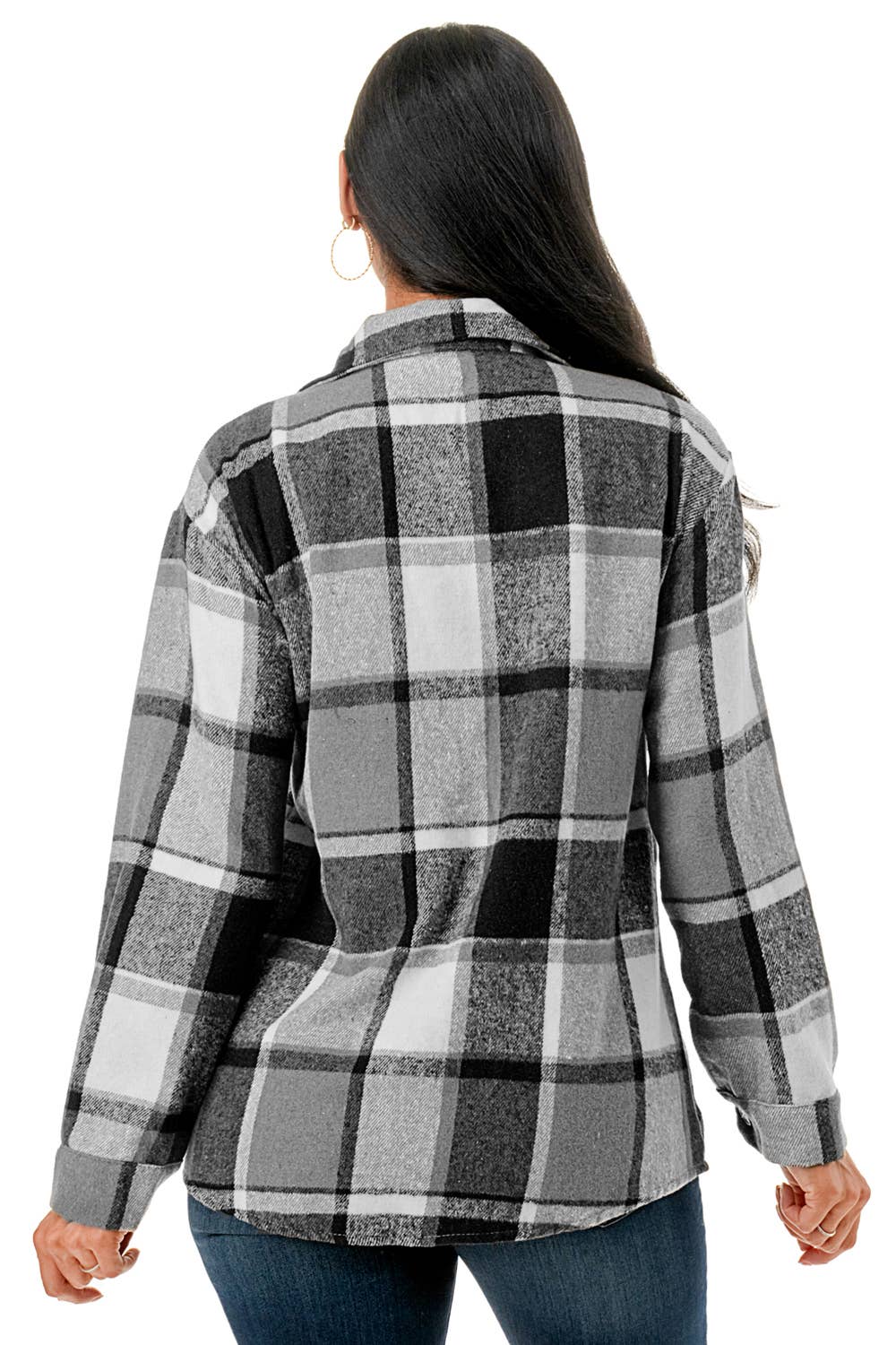 Color 5 - Vendita all'ingrosso Giacca a camicia - Donna - Camicia oversize in flanella scozzese nera con tasche (2