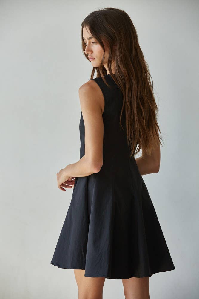 Black L8589 | Woven Cotton Nylon Spandex Flare Mini Dress for wholesale on Faire3