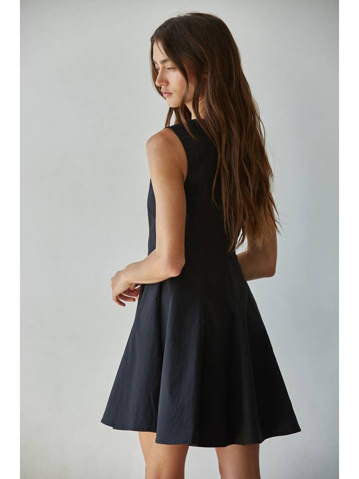 Black L8589 | Woven Cotton Nylon Spandex Flare Mini Dress for wholesale on Faire3