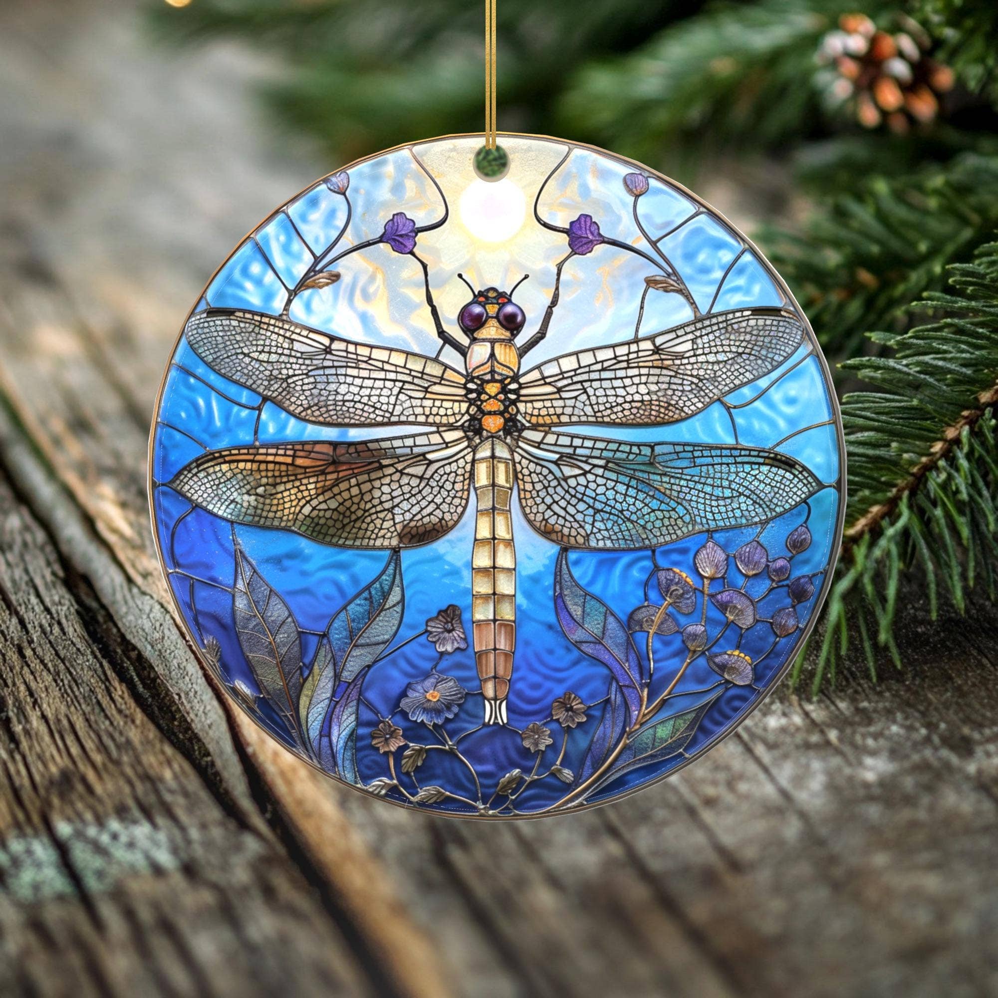 Peeping Tom's Cottage - Wholesale Ornament - Moonlit Bloom Dragonfly Ornament – Double Sided Porcelain Keepsake – Stained Glass Look Memorial Gift