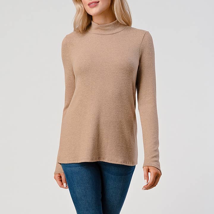 Heimious - Wholesale Knit Top - Women's - Mock Neck L-Sleeve Relaxed Fit Brushed Knit Top, T54822