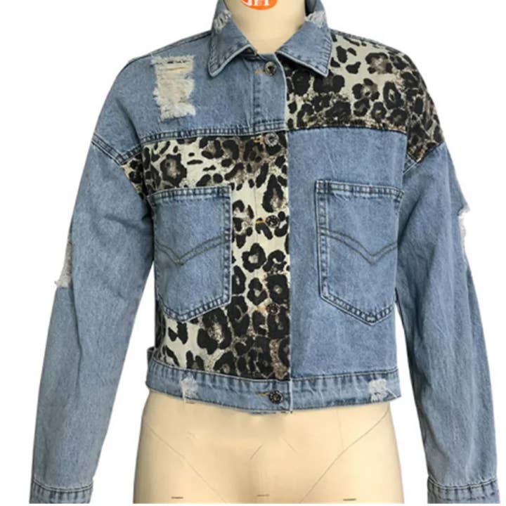 Leopard Denim Patchwork Denim Jacket for wholesale by Serenity Collective
