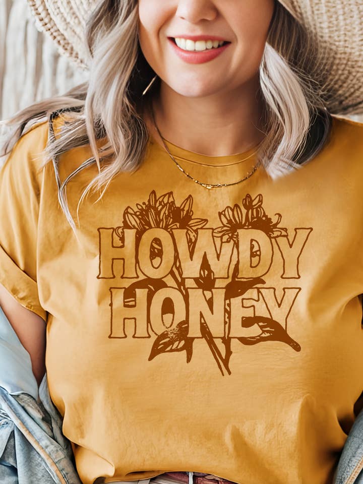 Howdy Honey - Mustard tee for wholesale by THE LATTIMORE CLAIM