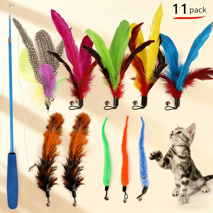 Expandable Cat Teaser Wand with Feather Toy Set_CWMM11495 for wholesale by PAWPAWwholesale