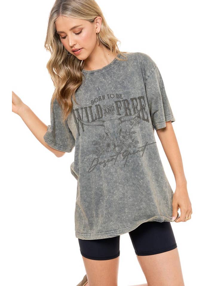 Zutter - Wholesale Screen Printed T-Shirt - Women's - Wild And Free Longhorn Graphic S/S Washed Boyfriend Fit Tee