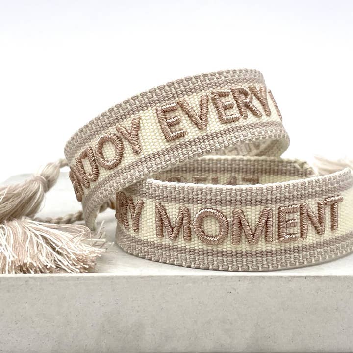 ENJOY EVERY MOMENT Woven, embroidered statement bracelet for wholesale by Parsley & Pepper